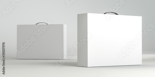 Set White Carton Box With Handle Mockup isolated, 3d render. Package for monitor, display, laptop, notebook, computer, tablet, Video game console and etc