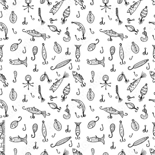 Seamless pattern with cute hand drawn fishing icons. Vector catching fish equipment elements. Doodle illustration