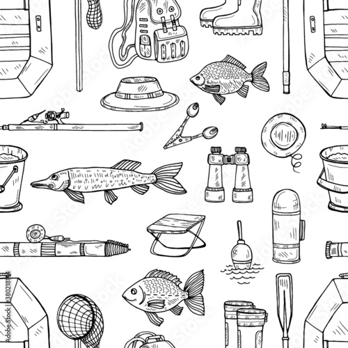 Seamless pattern with cute hand drawn fishing icons. Vector catching fish equipment elements. Doodle illustration