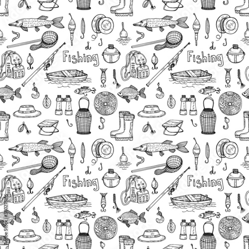 Seamless pattern with cute hand drawn fishing icons. Vector catching fish equipment elements. Doodle illustration