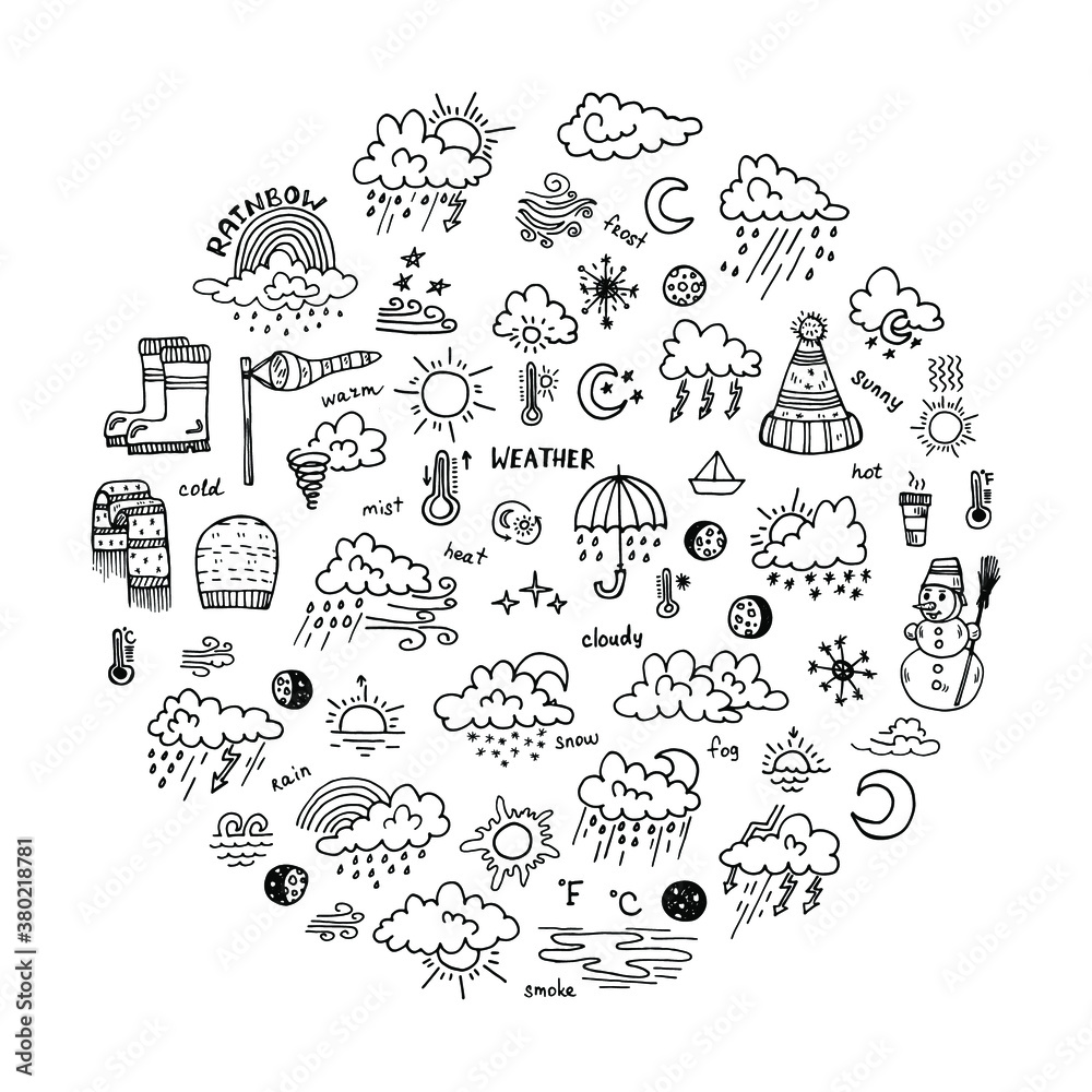 Composition with cute hand drawn weather icons. Doodle vector collection Composition with cute hand drawn weather icons. Doodle vector collection