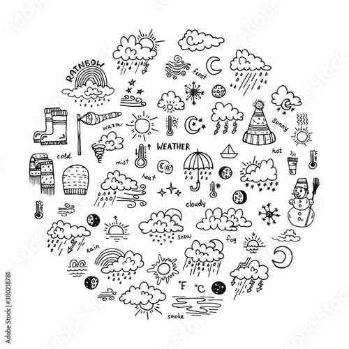 Composition with cute hand drawn weather icons. Doodle vector collection