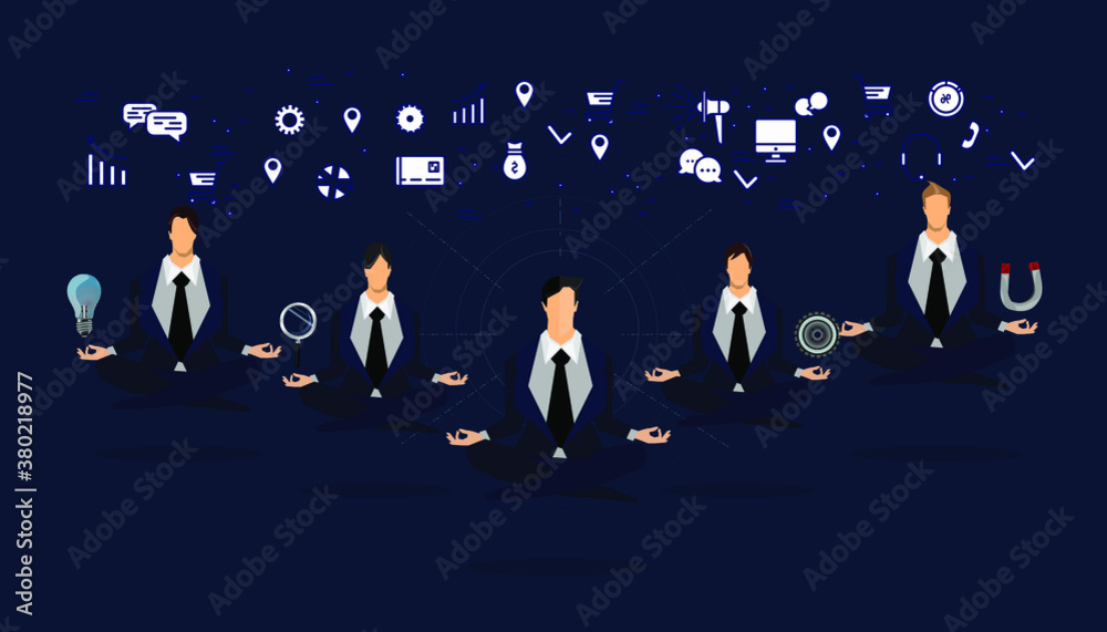 Obraz premium Businessman practicing mindfulness meditation - releasing stressful thoughts and expressing potential - yoga and self consciousness idea concept with icon Business.