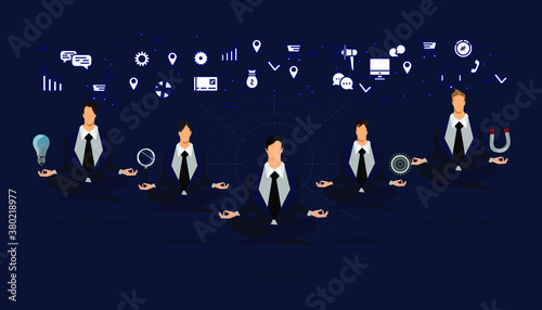 Businessman practicing mindfulness meditation - releasing stressful thoughts and expressing  potential - yoga and self consciousness idea concept with icon Business. photo