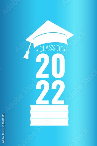 Class of 2022 on top book. White number, education academic cap on blue background. Template for graduation design frame, high school, college congratulation graduate, yearbook. Vector illustration.