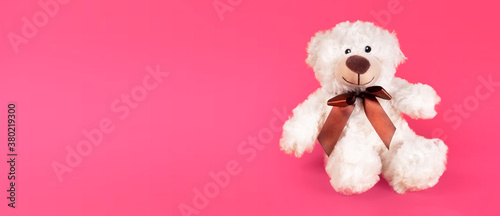 Teddy bear furry toy for kids isolated on pink background. Cheerful posotive romantic bear.