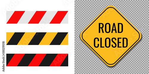 Road closed sign, symbol, icon, logo. Square yellow sign of Road closed on trasparent background. Vector illustration