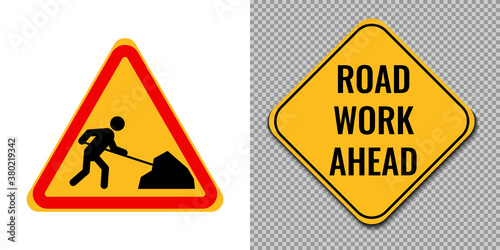 Road work ahead sign, symbol, icon, logo. Triangle and square yellow sign of road work ahead on white and trasparent background. Vector illustration