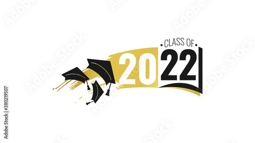 Class of 2022. White and black number, education academic cap and open book. Template for graduation design frame, high school, college congratulation graduate, yearbook. Vector illustration.