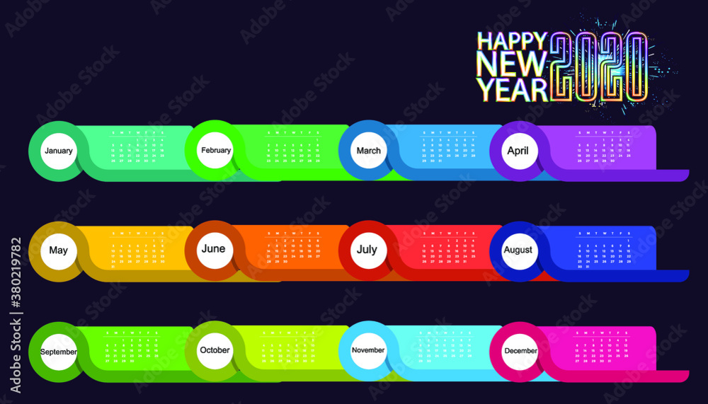 Obraz premium Happy new year 2020 colorful text - calendar template - modern Idea and Concept Vector illustration.