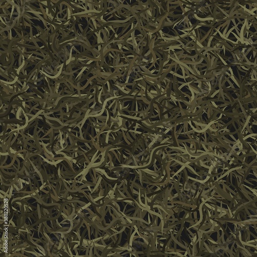 Camouflage needles plants, seamless pattern. Grunge ghillie green background