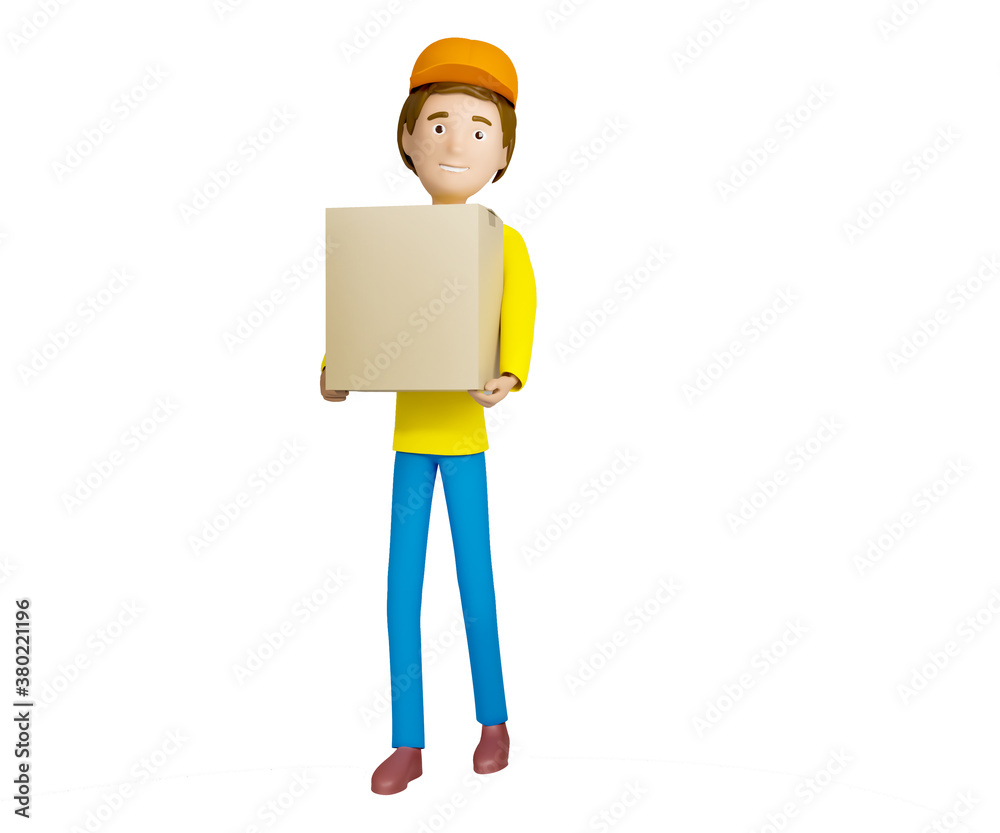 3D rendering. A man in uniform from a delivery service with a box in his hands. 3D rendering. A man in uniform from a delivery service with a box in his hands.