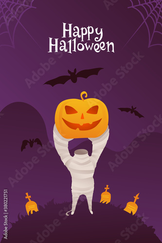 A headless mummy holds a pumpkin in his hands against the backdrop of a cemetery and bats. Trick or treat! Bright flat illustration, party invitation. 
