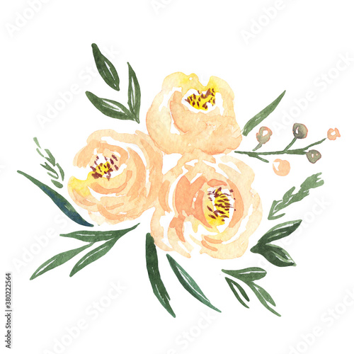 illustration of watercolor peach roses with green leaves on a white background. a bouquet of three flowers. for design, decoration, cards, invitations