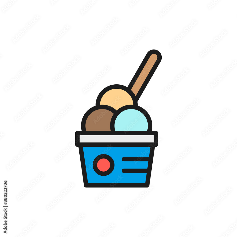 Ice cream balls in cup, takeaway flat color line icon. Ice cream balls in cup, takeaway flat color line icon.