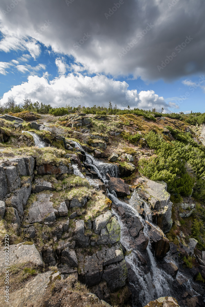 A large rocky waterfall in the Giant Mountains. Elbe waterfall.