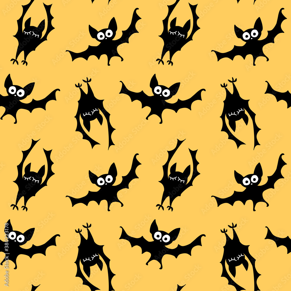 Flying bats seamless pattern. Cute Spooky vector Illustration. Halloween backgrounds and textures in flat cartoon gothic style. Black silhouettes animals on sky