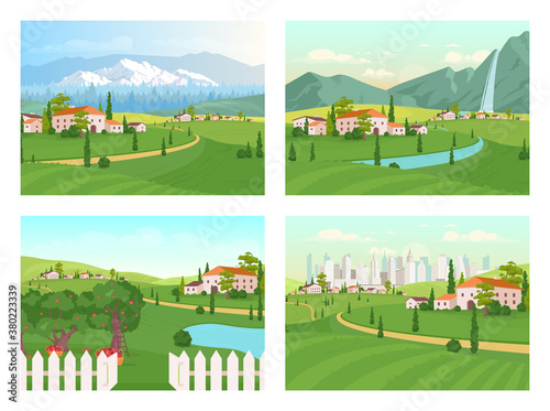Tuscany scenery flat color vector illustration set. Farmland house. Suburban area near city. Path to mountains near village. Countryside 2D cartoon landscape with nature on background collection