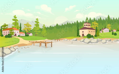 Daytime lake in village flat color vector illustration. Houses in rural land. Tuscany scenery. Forest near farmhouses. Suburb area. Countryside 2D cartoon landscape with nature on background