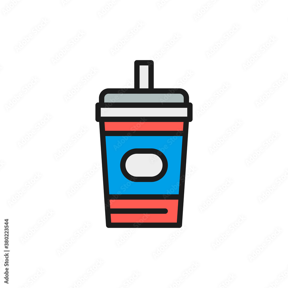 Disposable cup with drink, takeaway flat color line icon. Disposable cup with drink, takeaway flat color line icon.