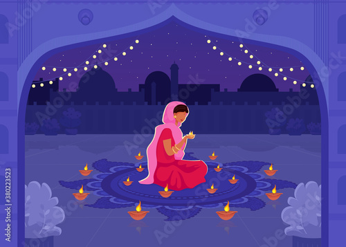 Woman in sari pray flat color vector illustration. Diwali festival with diya candles. Traditional Hindu holiday prayer. Indian female 2D cartoon characters with cityscape on background