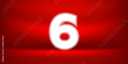 Number six white glow on red luxurious background, No. 6 on red background, Number 6 for Banner Anniversary