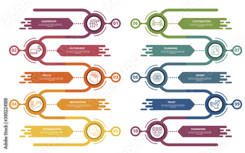 Infographic Teamwork template. Icons in different colors. Include Teamwork, Trust, Vision, Planning and others.