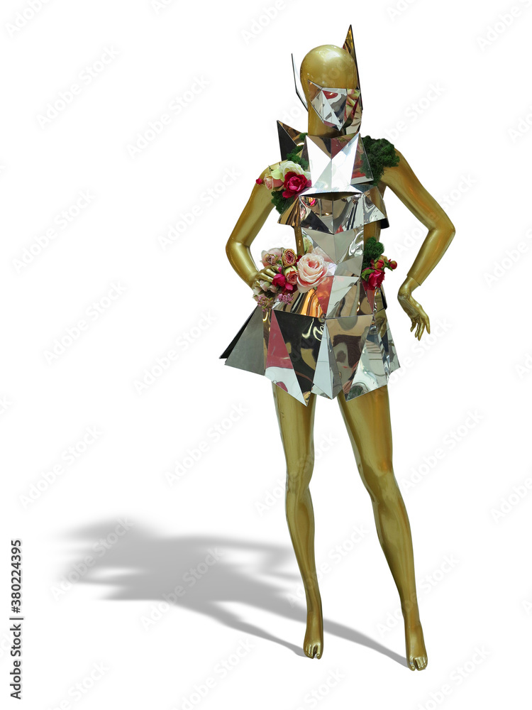Female mannequin dressed in abstract metallic mirror clothes isolated over white. No brand names or copyright objects. Female mannequin dressed in abstract metallic mirror clothes isolated over white. No brand names or copyright objects.