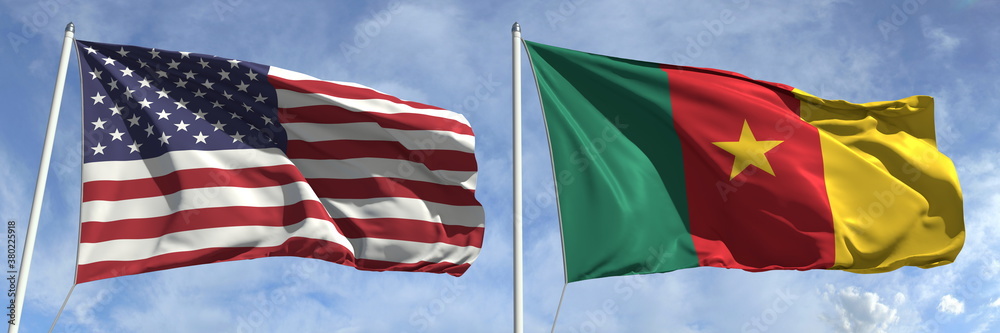 Waving flags of the USA and Cameroon on flagpoles, 3d rendering Waving flags of the USA and Cameroon on flagpoles, 3d rendering