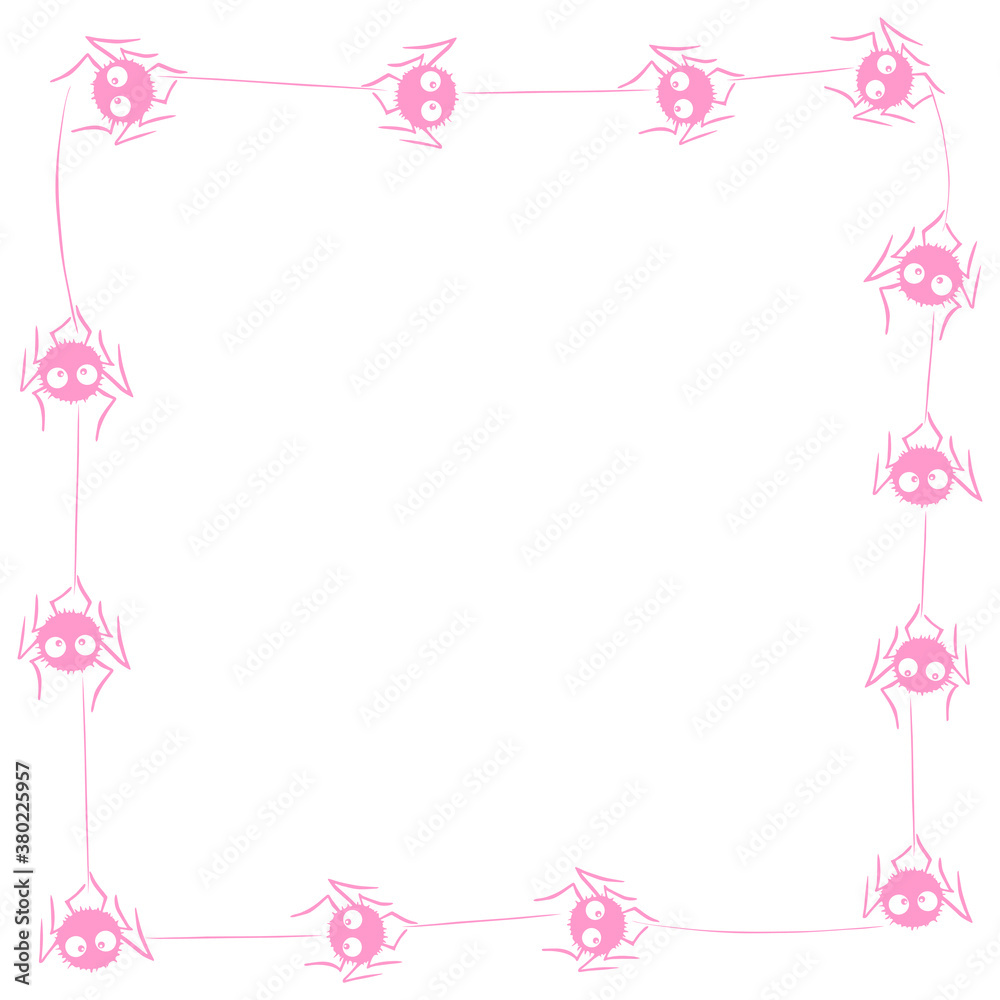 Square Frame of cute little spiders with eyes on web. Halloween vector background. Pink and white, isolated, hand drawn illustration