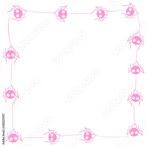 Square Frame of cute little spiders with eyes on web. Halloween vector background. Pink and white, isolated, hand drawn illustration © Iuliia