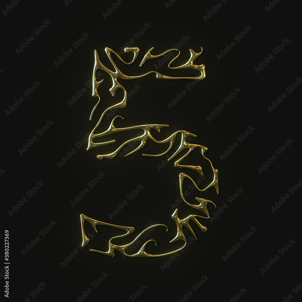 High resolution number five 5 symbol made of molded golden lines. 3d rendering