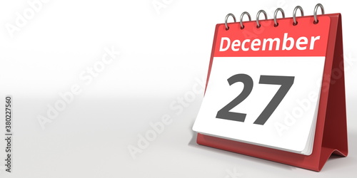 December 27 date on the flip calendar page, 3d rendering