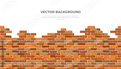 Realistic Vector broken horizontal brick wall background with text. Destroyed flat red wall texture. Brown textured brickwork for print, design, decor, advert, banner, flyer