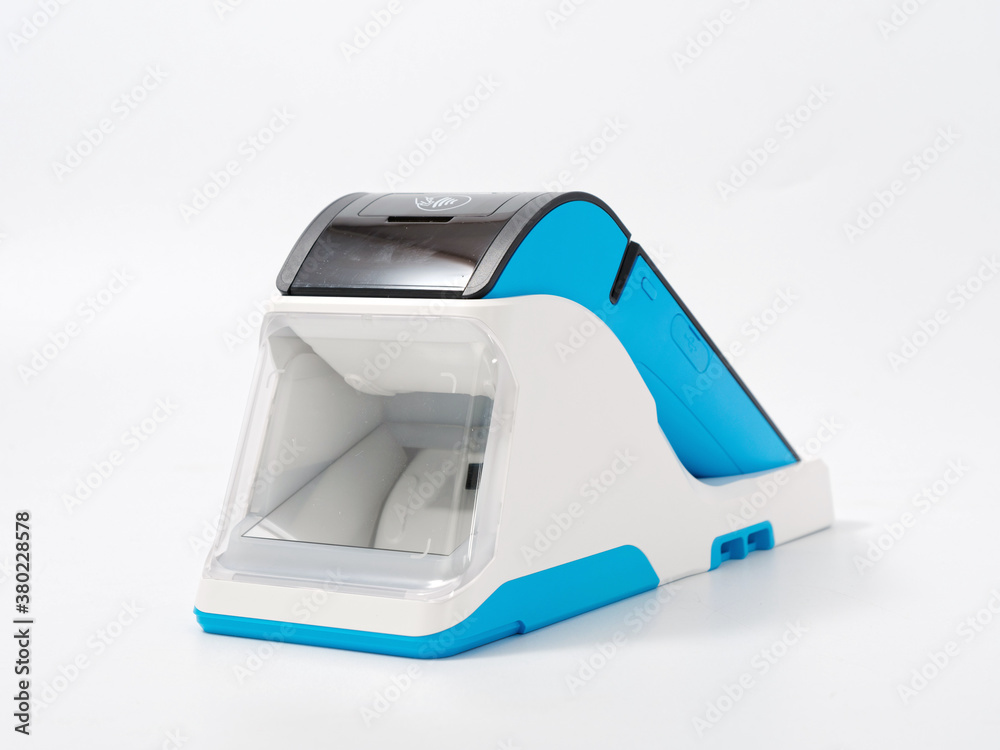 stylish portable cash register with stand GR code scanner on white background stylish portable cash register with stand GR code scanner on white background