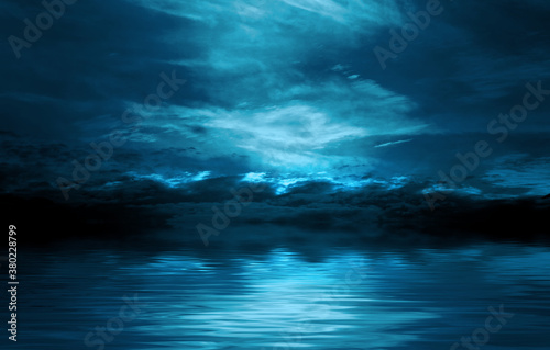 Dark sea background at night. Reflection of the night sky on the water. 3d illustration © Laura Сrazy