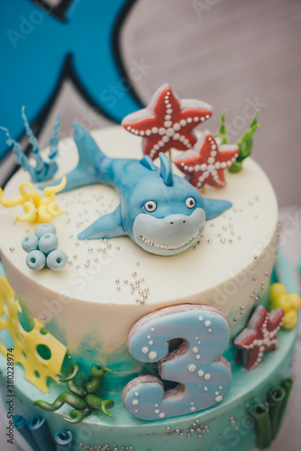 cake with sea toys and shark