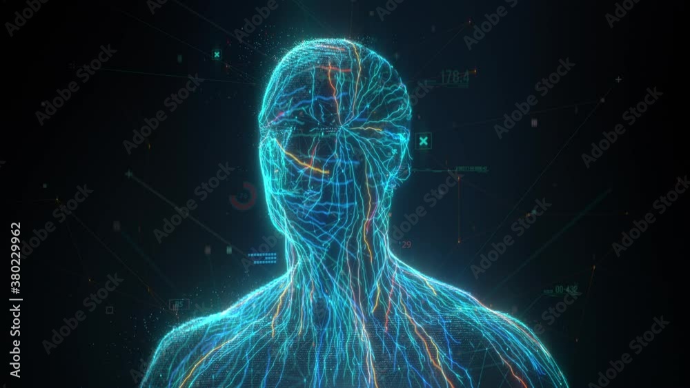 Artificial Intelligence face scanner. Facial recognition and biometric medical research concept