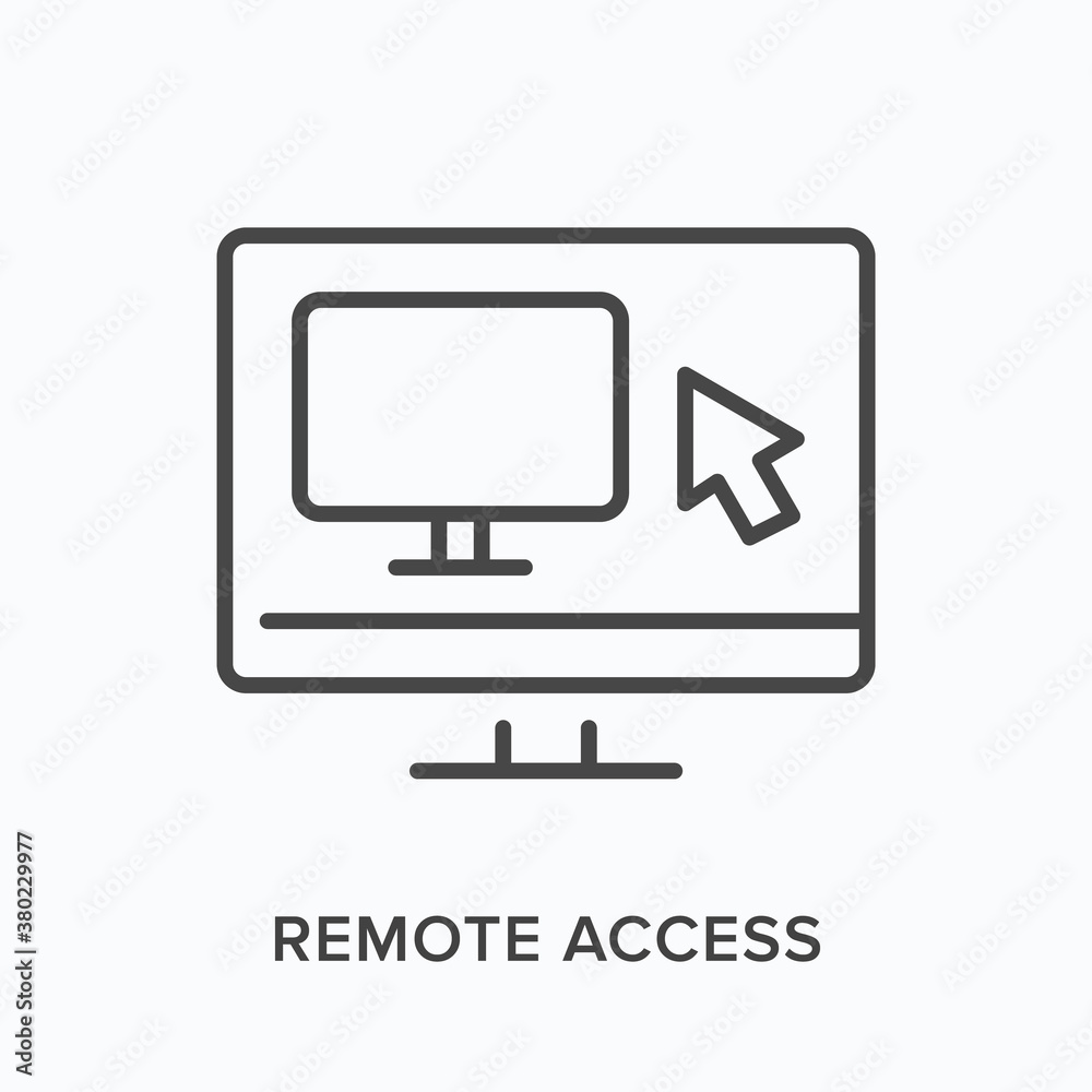 Remote computer flat line icon. Vector outline illustration of virtual monitor. PC desktop access thin linear pictogram Remote computer flat line icon. Vector outline illustration of virtual monitor. PC desktop access thin linear pictogram