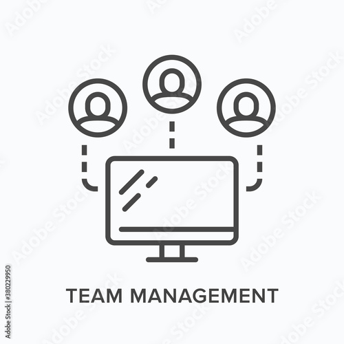 Team work flat line icon. Vector outline illustration of computer monitor with group video conference. Remote workforce management thin linear pictogram