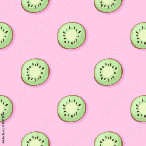 Seamless pattern illustration with sliced light green kiwi fruits on baby pink background. Repeating vector texture for food hall, t-shirt print, wallpaper, summer decoration. Sweet fruity design.