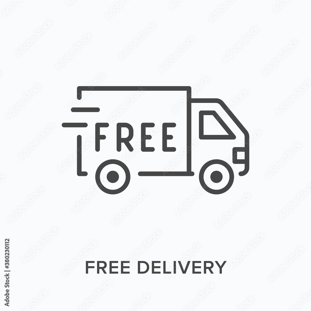Free delivery flat line icon. Vector outline illustration of fast truck, parcel shipping. Local delivering service thin linear pictogram