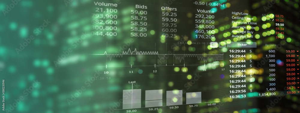 business analytical information for stock market trading on green glowing light banner background business analytical information for stock market trading on green glowing light banner background