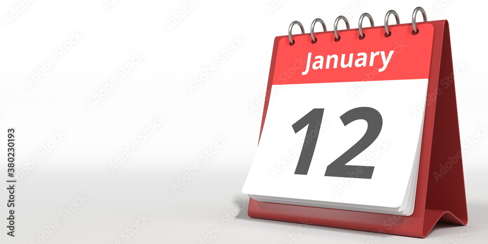 January 12 date on the flip calendar page, 3d rendering January 12 date on the flip calendar page, 3d rendering