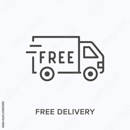 Free delivery flat line icon. Vector outline illustration of fast truck, parcel shipping. Local delivering service thin linear pictogram