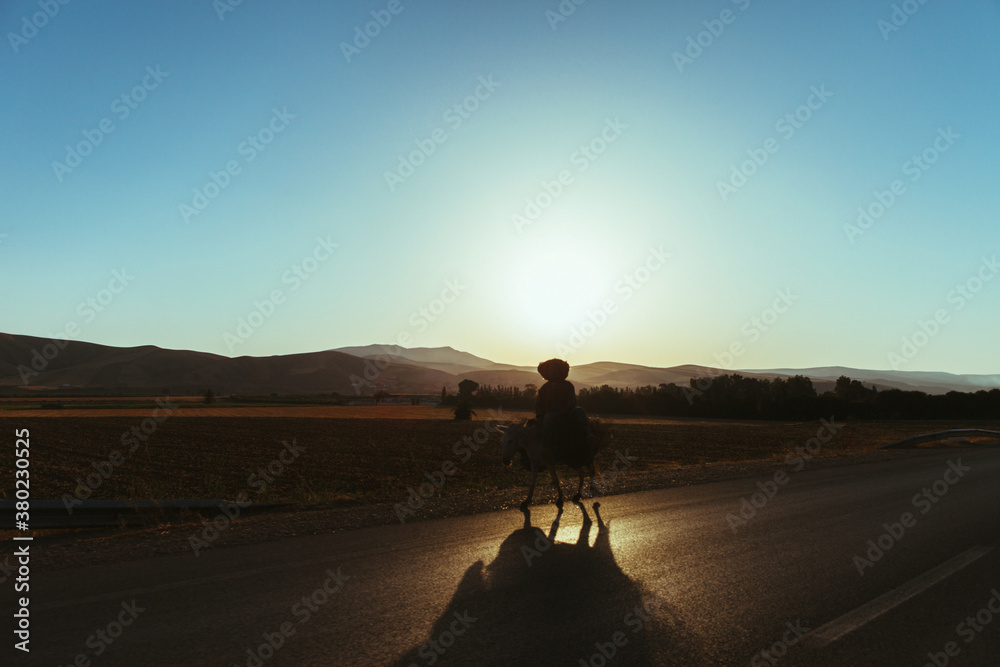 Man Riding on Donkey at Sunrise Man Riding on Donkey at Sunrise