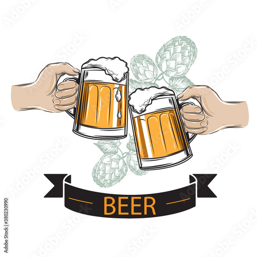 hands holding a glass of beer and hop on a white background