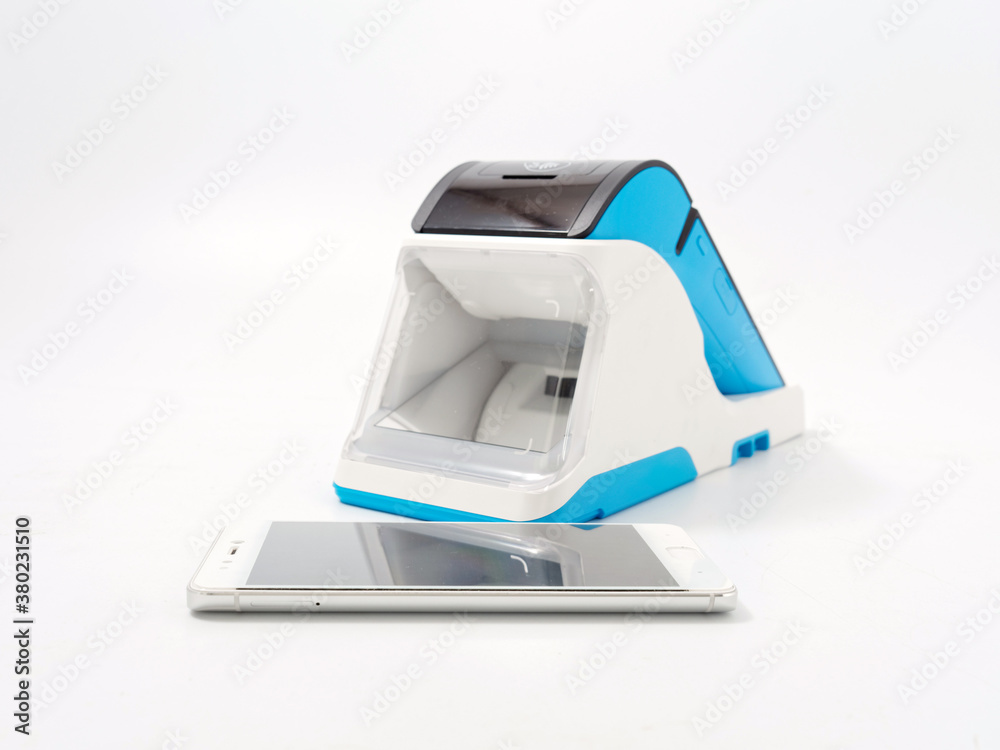 stylish portable cash register with stand GR code scanner on white background stylish portable cash register with stand GR code scanner on white background