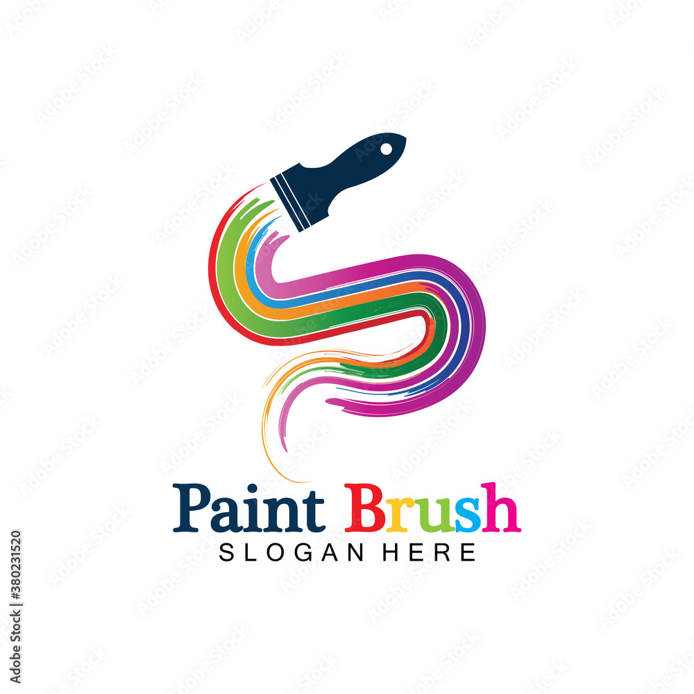 Obraz premium Abstract vector painting brush and colorful paint splash icon, emblem, logo design with color alternative and greyscale version. Editable EPS format design element, arts and crafts concept.