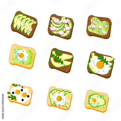 Set avocado toast. Sandwich with bread, avocado, egg, radish, dill and sesame seeds, isolated on white background. Organic healthy food. Vector cartoon illustration.